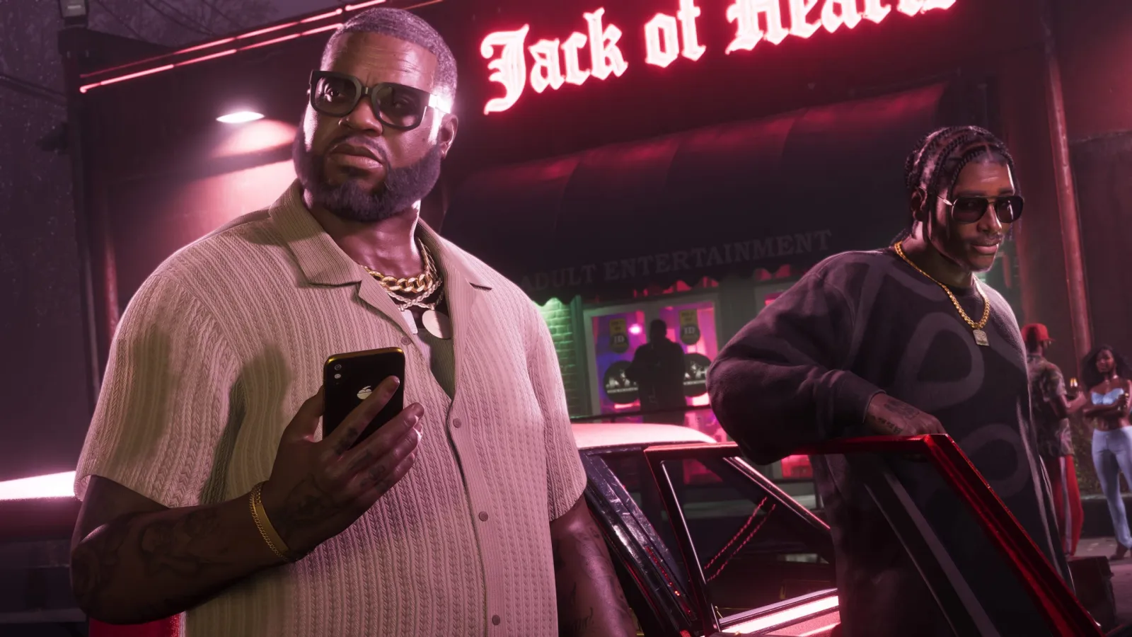 GTA 6 characters outside a "Jack of Hearts" club at night, including Boobie Ike