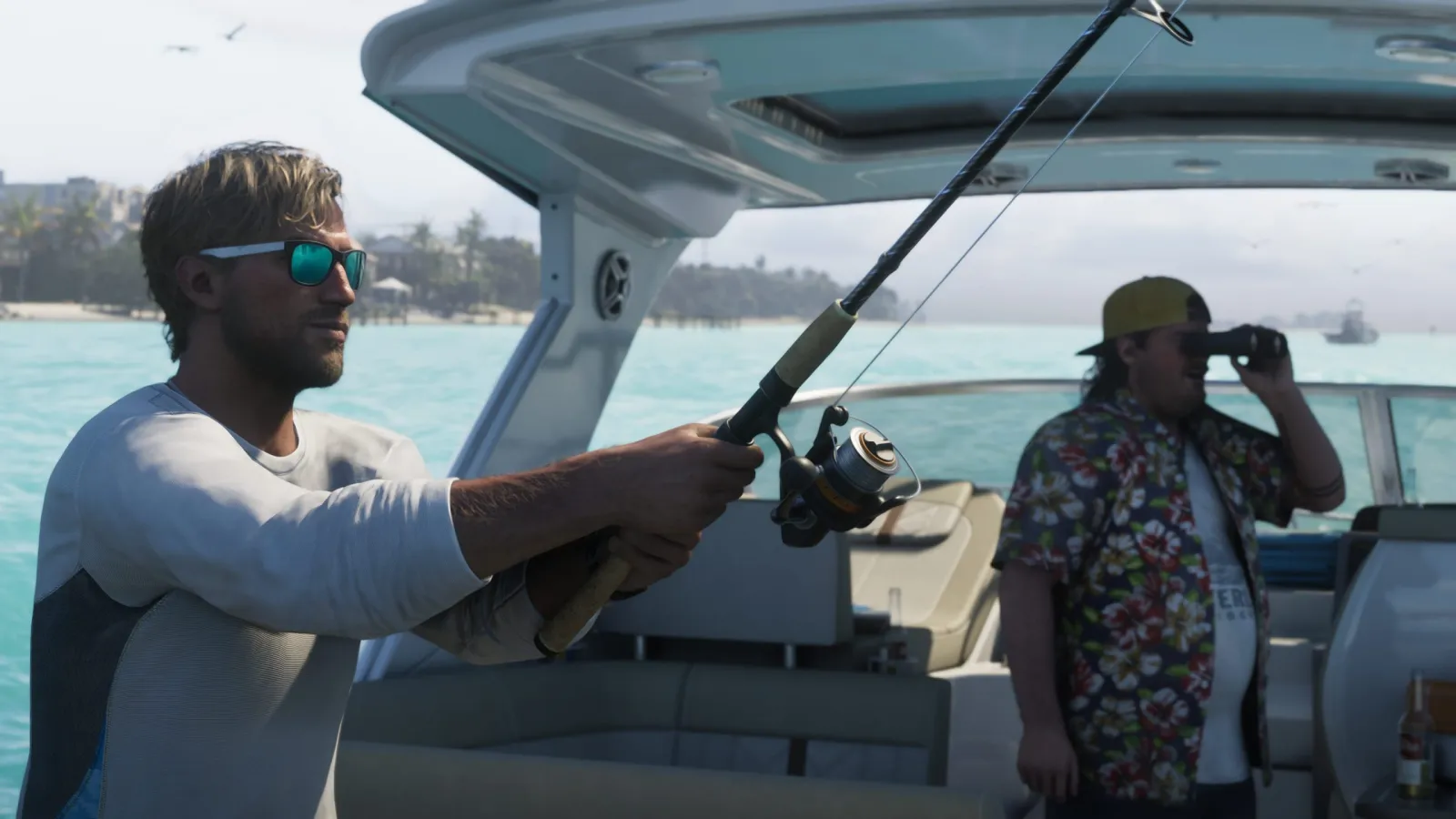 Jason, a GTA 6 protagonist, fishing from a boat on turquoise water in the Leonida Keys