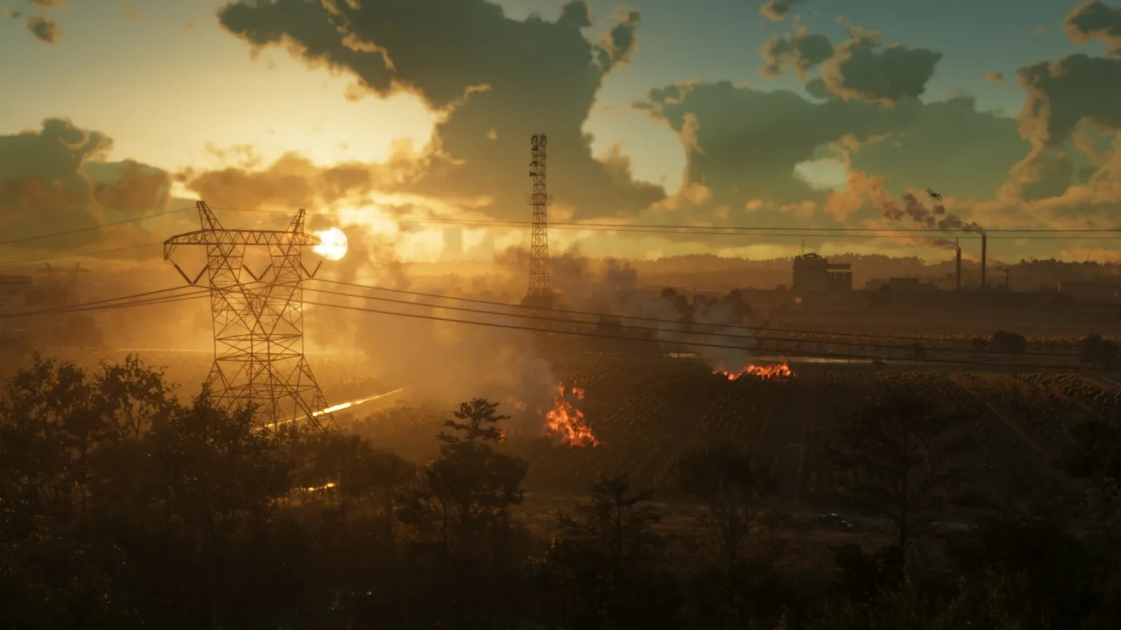 A golden-hour Leonida countryside in GTA 6, with power-line towers, farmland, drifting smoke and a crop-duster plane