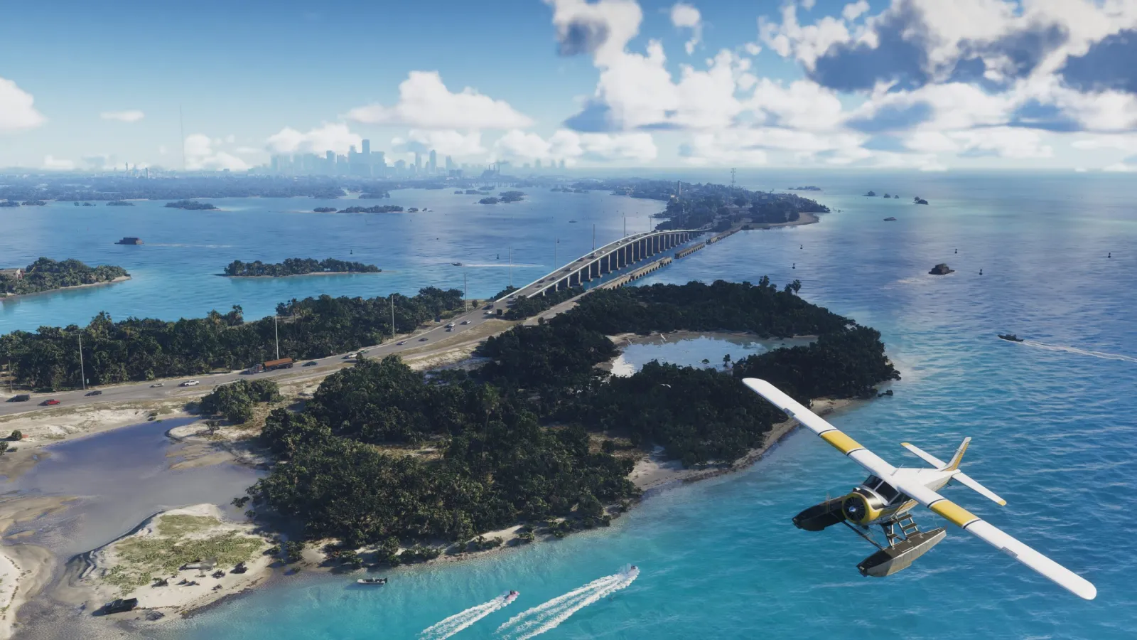 Sweeping aerial of the Leonida Keys in GTA 6, a long causeway bridge linking islands with Vice City on the far horizon