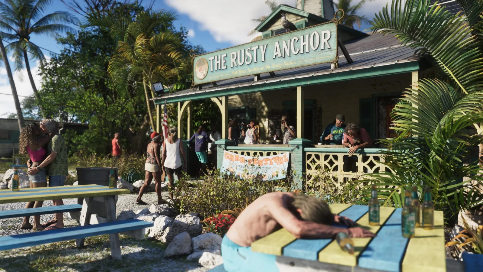 A laid-back island bar in the Leonida Keys, all weathered timber and palm shade