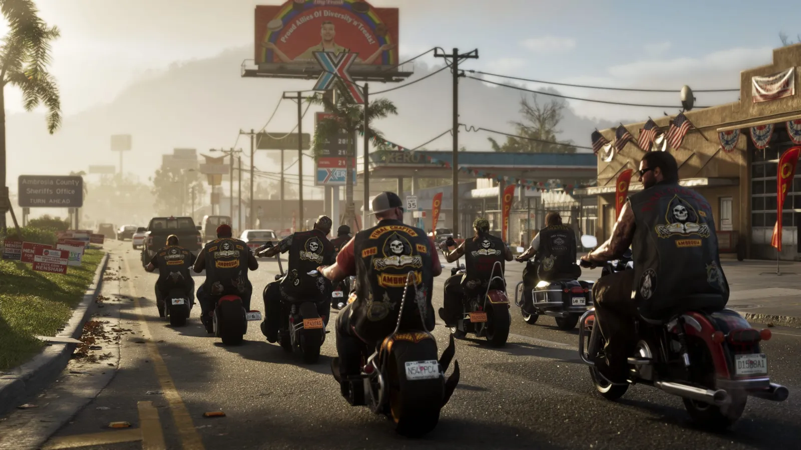 A pack of bikers riding down a small Leonida town's main street in GTA 6, with hills in the background