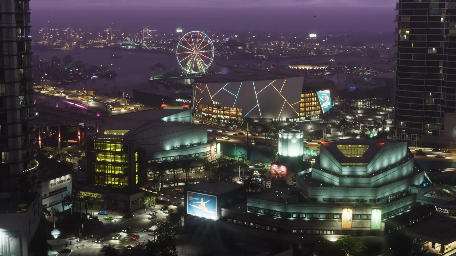 Aerial night view of the Vice City skyline in GTA 6, with a lit Ferris wheel, entertainment district and waterfront